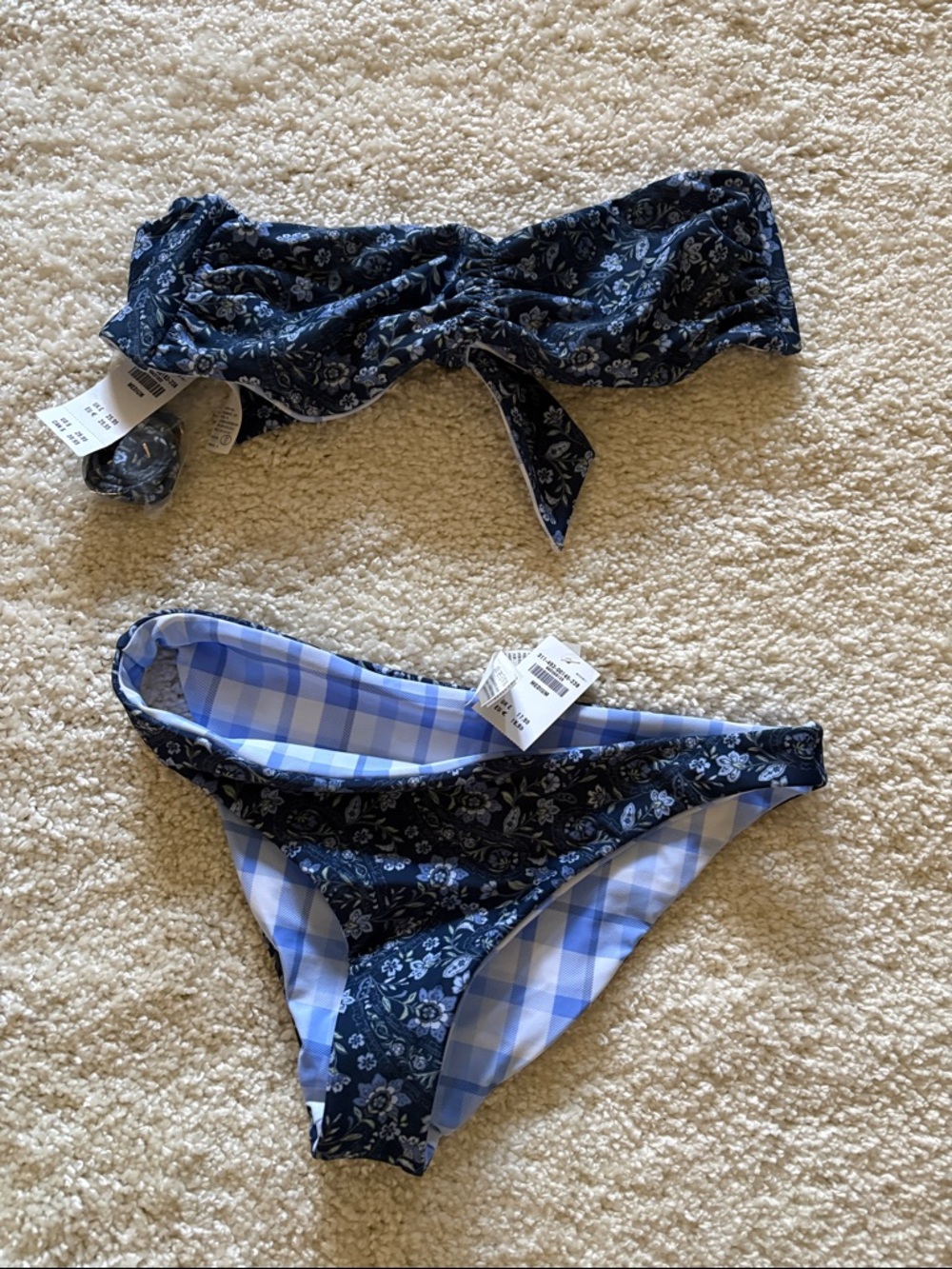 Hollister Navy Floral & Light Blue Gingham Reversible Bikini
